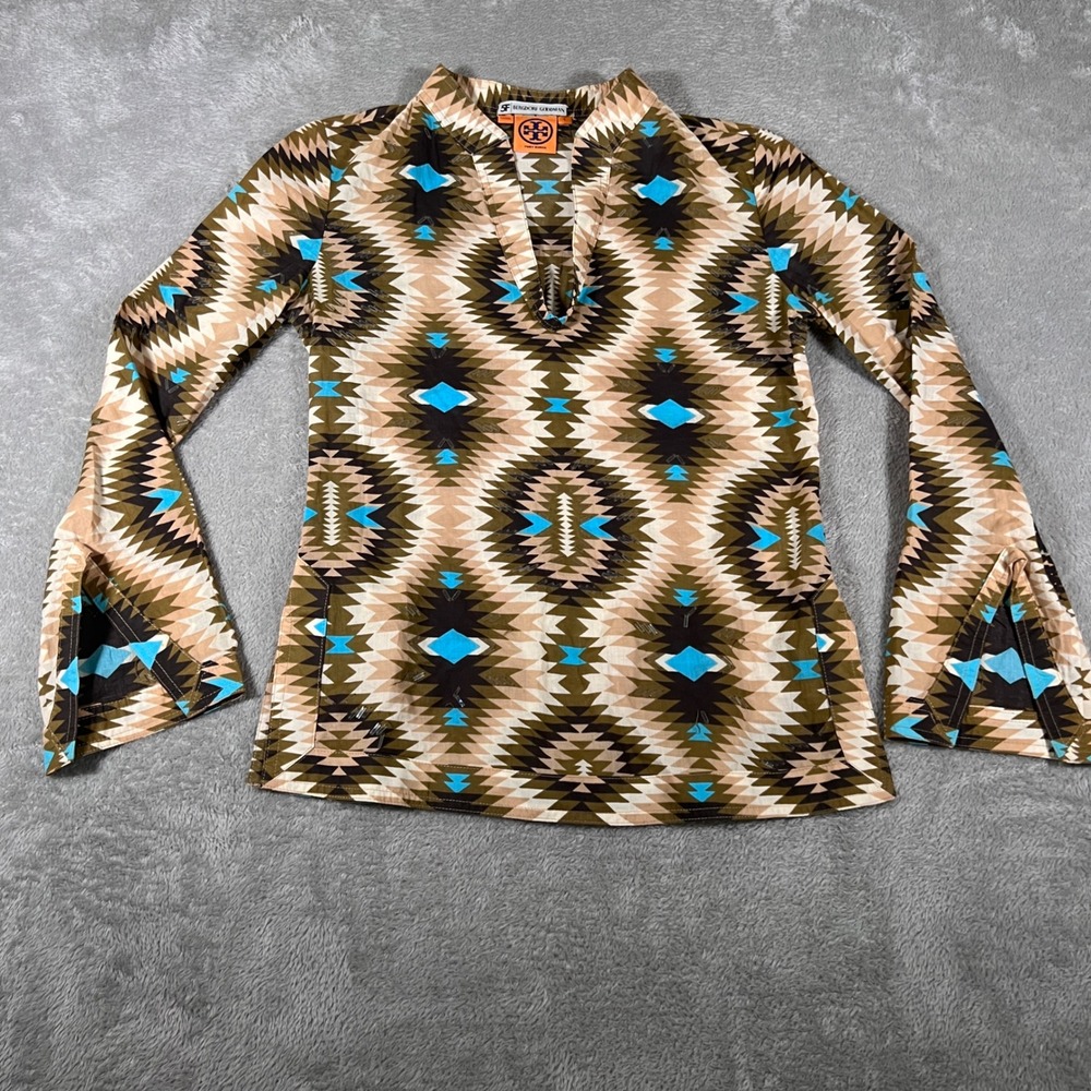 Tory Burch Bergdorf Goodman Tunic Top Women Size 0 Brown Geometric Boho Casual